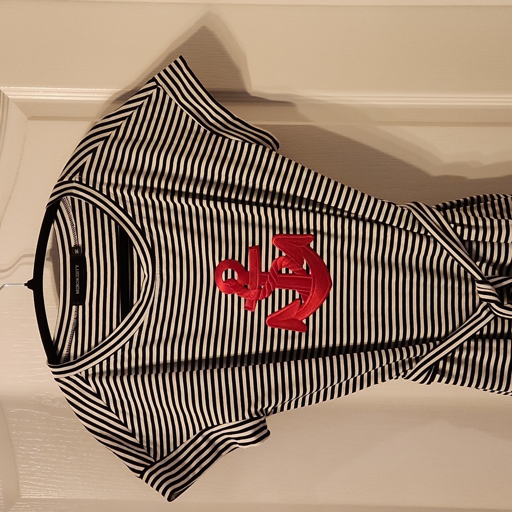 Black and White Striped Shortsleeve Dress with RED Accent Anchor Size M